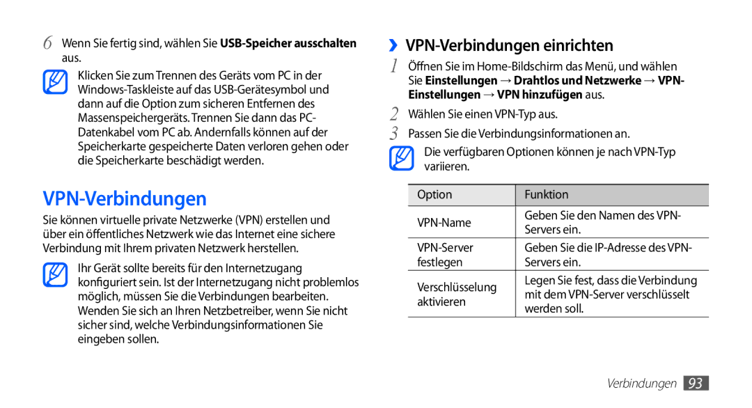 Samsung GT-I5510XKAVD2, GT-I5510XKADBT manual ››VPN-Verbindungen einrichten, Einstellungen → VPN hinzufügen aus 