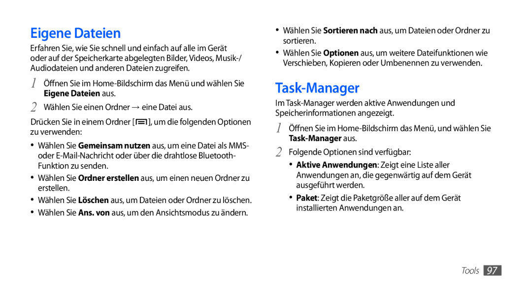 Samsung GT-I5510XKAATO, GT-I5510XKADBT, GT-I5510DWAVD2, GT-I5510XKAVD2 manual Eigene Dateien aus, Task-Manager aus 