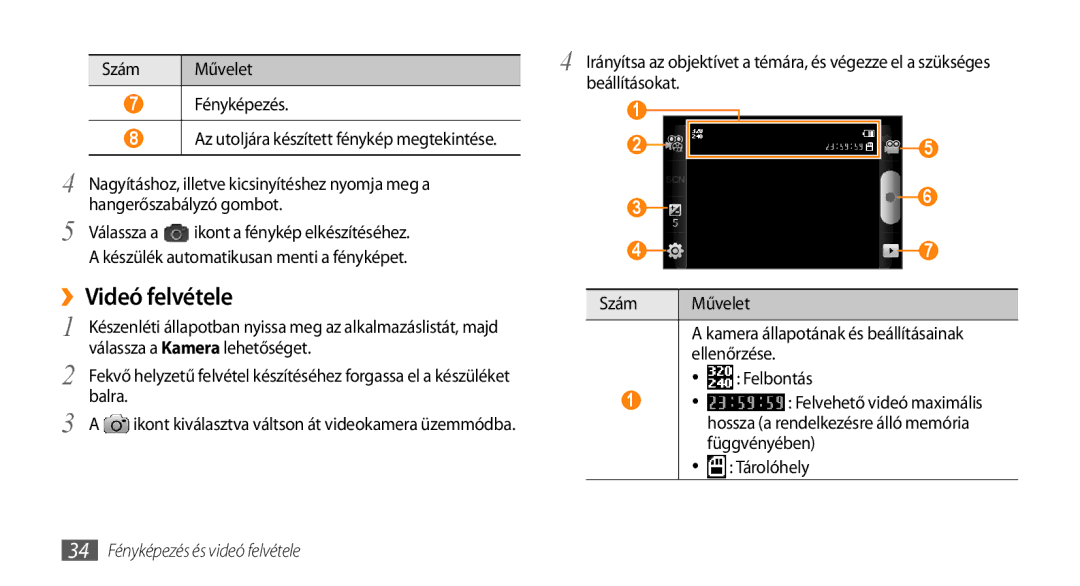 Samsung GT-I5510XKAVDH, GT-I5510XKADBT manual ››Videó felvétele, Szám Művelet Fényképezés, 34 Fényképezés és videó felvétele 