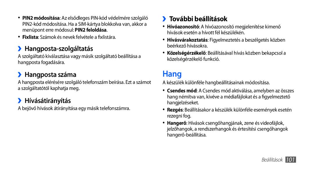 Samsung GT-I5510XKAOMN manual ››Hangposta-szolgáltatás, ››Hangposta száma, ››Hívásátirányítás, ››További beállítások 