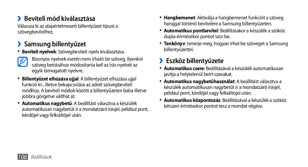 Samsung GT-I5510XKAOMN manual ››Beviteli mód kiválasztása, ››Samsung billentyűzet, ››Eszköz billentyűzete, 106 Beállítások 