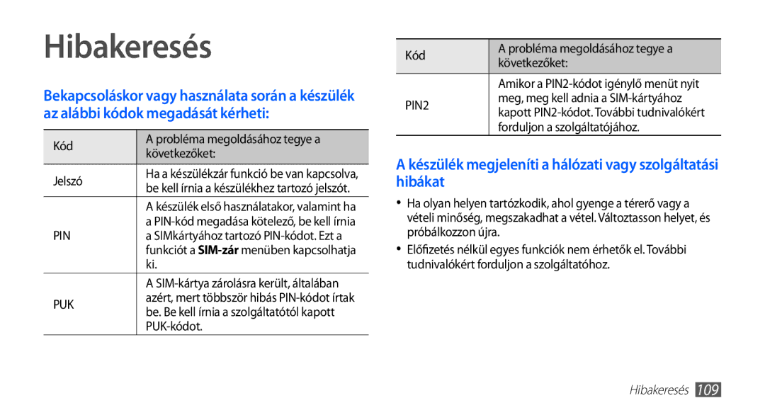 Samsung GT-I5510XKAVDH, GT-I5510XKADBT manual Hibakeresés, Készülék megjeleníti a hálózati vagy szolgáltatási hibákat 