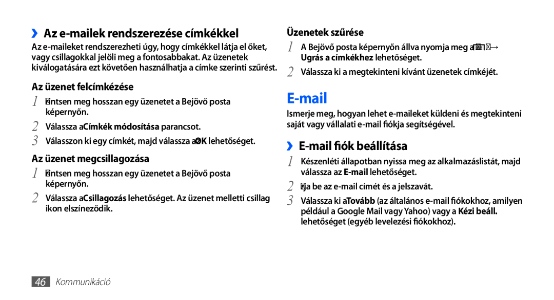 Samsung GT-I5510XKAOMN, GT-I5510XKADBT manual Mail, ››Az e-mailek rendszerezése címkékkel, ››E-mail fiók beállítása 