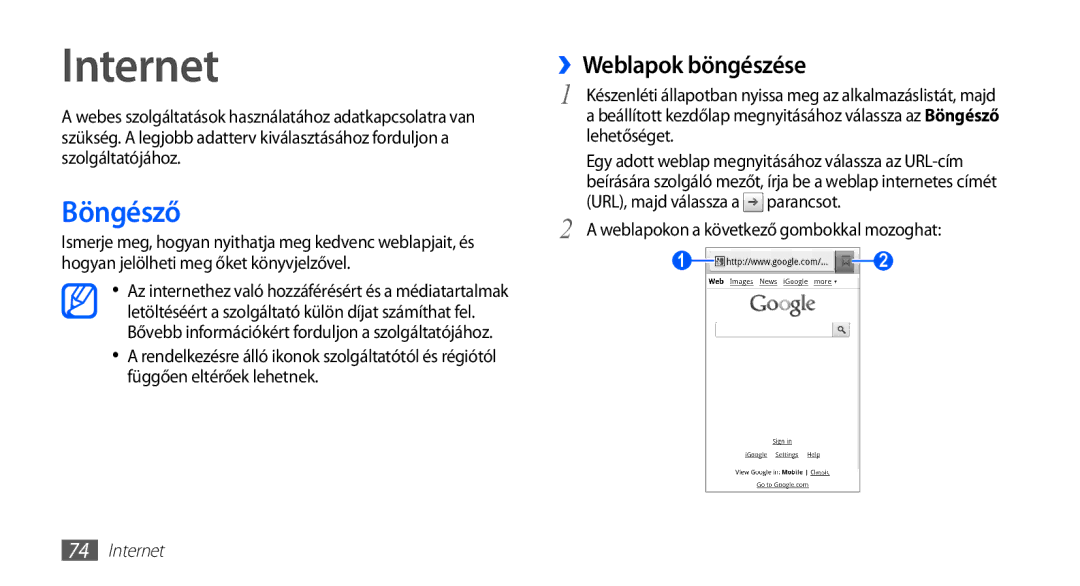 Samsung GT-I5510XKAVDH manual Internet, Böngésző, ››Weblapok böngészése, Weblapokon a következő gombokkal mozoghat 