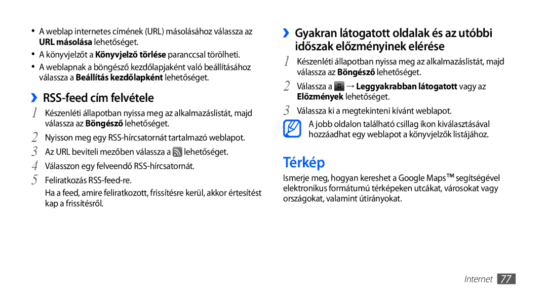 Samsung GT-I5510XKAXEO, GT-I5510XKADBT manual Térkép, ››RSS-feed cím felvétele, Válassza ki a megtekinteni kívánt weblapot 