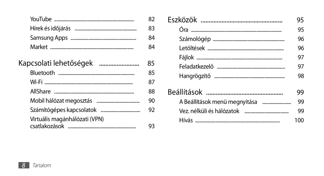 Samsung GT-I5510XKAPAN, GT-I5510XKADBT, GT-I5510XKAOMN, GT-I5510XKAXEO manual Kapcsolati lehetőségek, Beállítások, 100 