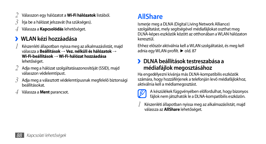 Samsung GT-I5510XKAPAN, GT-I5510XKADBT manual AllShare, ››WLAN kézi hozzáadása, Wi-Fi-beállítások → Wi-Fi-hálózat hozzáadása 