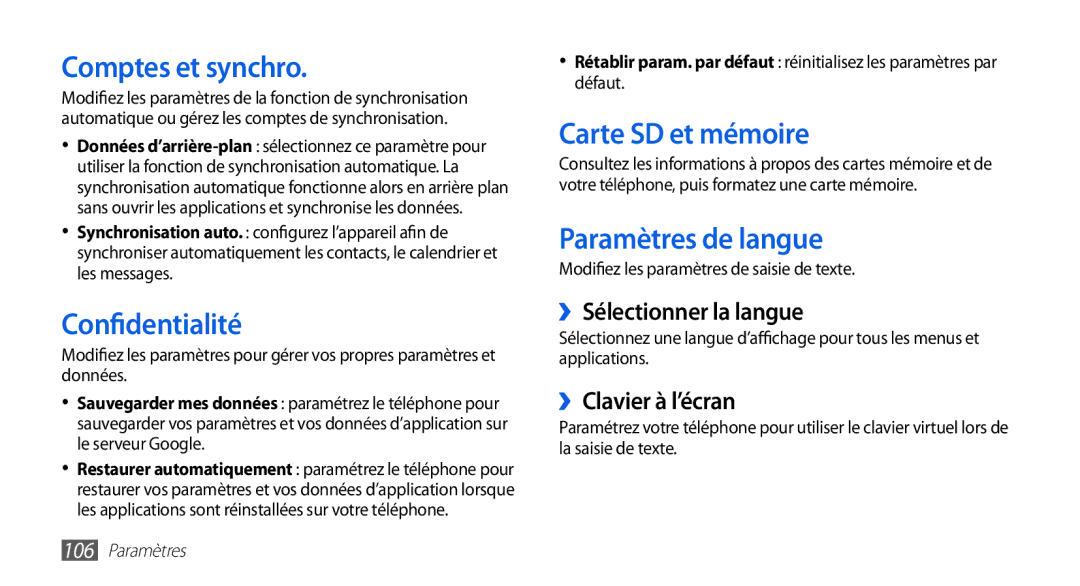 Samsung GT-I5510XKANRJ, GT-I5510XKAFTM manual Comptes et synchro, Confidentialité, Carte SD et mémoire, Paramètres de langue 