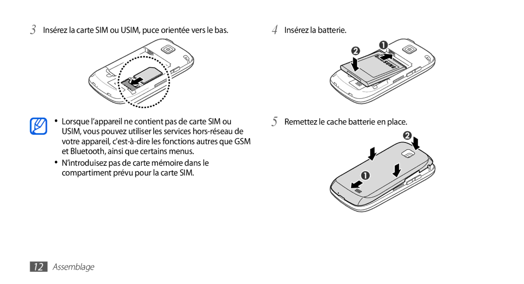 Samsung GT-I5510XKABOG, GT-I5510XKAFTM, GT-I5510CWAXEF manual Insérez la batterie Remettez le cache batterie en place 