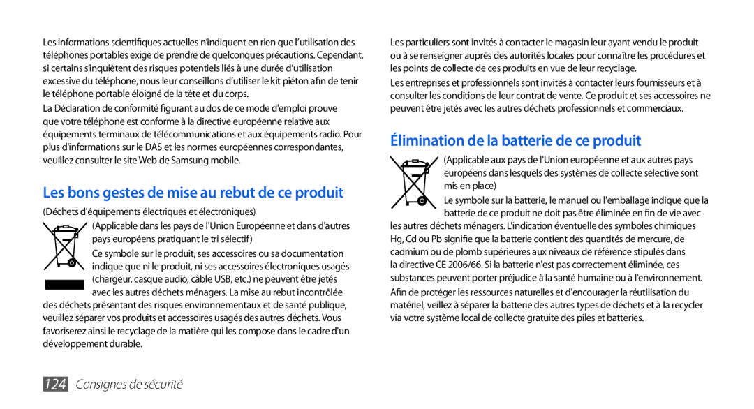 Samsung GT-I5510XKABOG, GT-I5510XKAFTM, GT-I5510CWAXEF, GT-I5510EWAFTM manual Élimination de la batterie de ce produit 