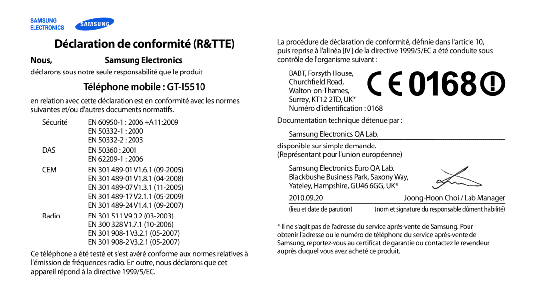 Samsung GT-I5510EWAFTM, GT-I5510XKAFTM, GT-I5510CWAXEF, GT-I5510DWAXEF, GT-I5510XKAVGF Déclaration de conformité R&TTE, Nous 