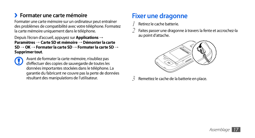 Samsung GT-I5510CWAXEF, GT-I5510XKAFTM manual Fixer une dragonne, ››Formater une carte mémoire, Retirez le cache batterie 