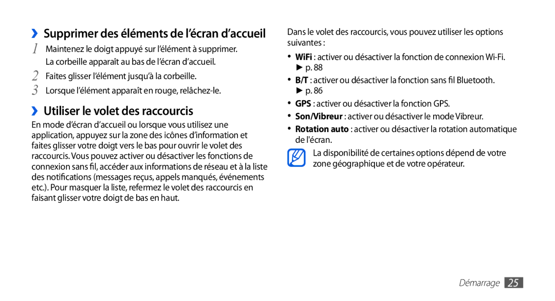 Samsung GT-I5510CWANRJ, GT-I5510XKAFTM ››Utiliser le volet des raccourcis, ››Supprimer des éléments de l’écran d’accueil 