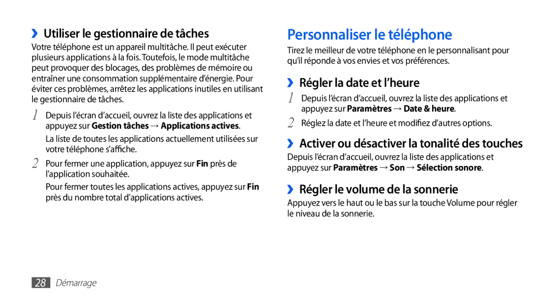 Samsung GT-I5510XKABOG manual Personnaliser le téléphone, ››Utiliser le gestionnaire de tâches, ››Régler la date et l’heure 