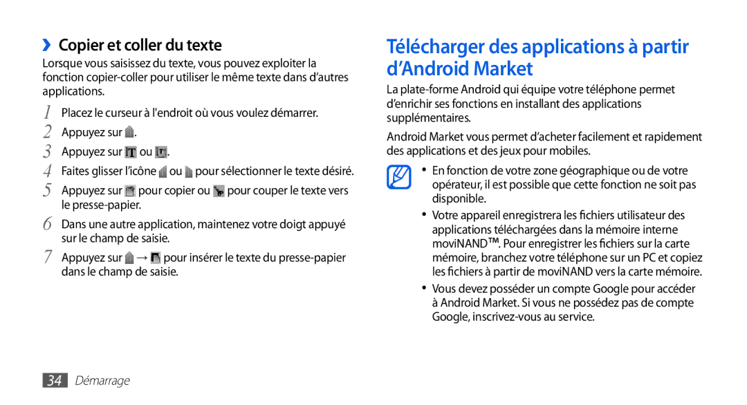 Samsung GT-I5510EWAFTM Télécharger des applications à partir d’Android Market, ››Copier et coller du texte, 34 Démarrage 