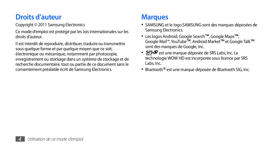 Samsung GT-I5510XKAVGF, GT-I5510XKAFTM, GT-I5510CWAXEF, GT-I5510EWAFTM, GT-I5510DWAXEF manual Droits d’auteur, Marques 