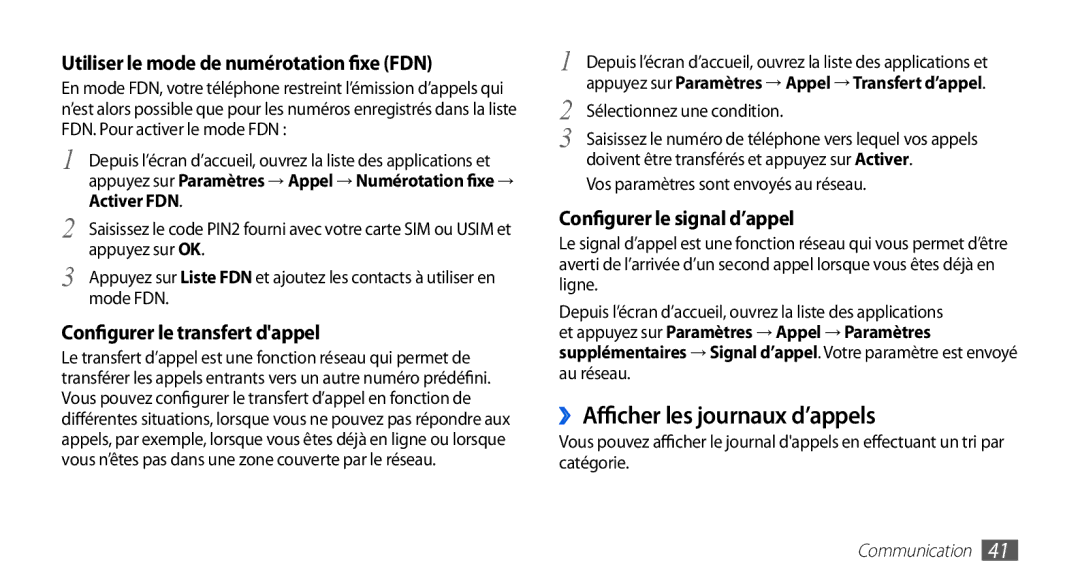 Samsung GT-I5510CWANRJ, GT-I5510XKAFTM manual ››Afficher les journaux d’appels, Utiliser le mode de numérotation fixe FDN 