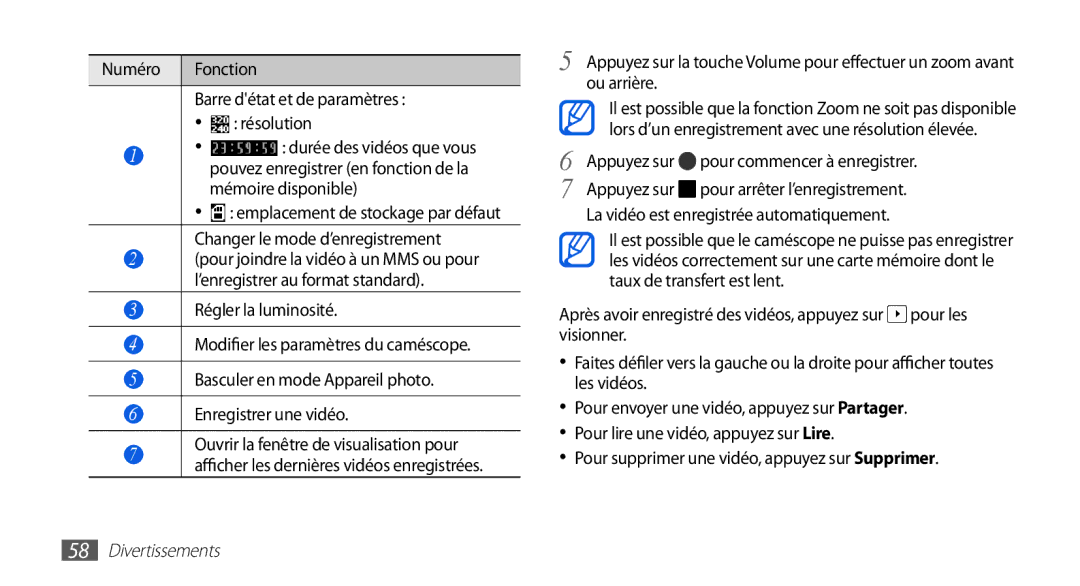 Samsung GT-I5510XKANRJ manual Numéro Fonction Barre détat et de paramètres Résolution, Changer le mode d’enregistrement 