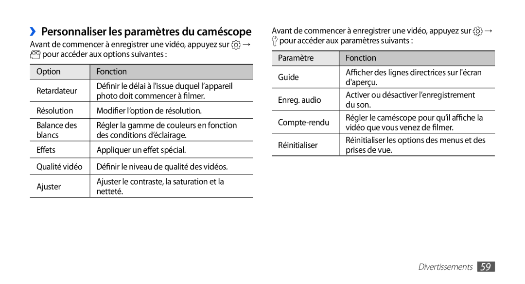 Samsung GT-I5510XKAXEF manual ››Personnaliser les paramètres du caméscope, Paramètre Fonction Guide, Enreg. audio, Du son 