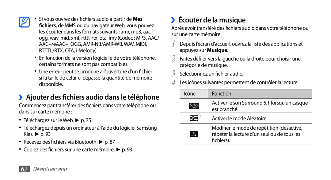 Samsung GT-I5510DWAFTM ››Écouter de la musique, ››Ajouter des fichiers audio dans le téléphone, Est branché, Fichiers 