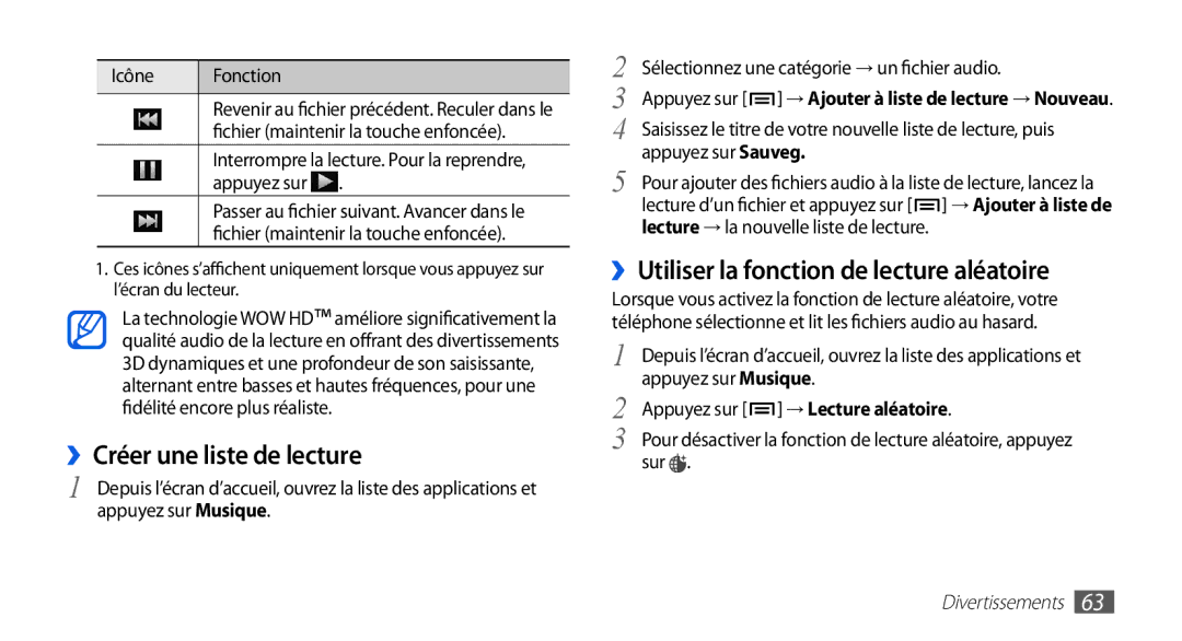 Samsung GT-I5510DWABOG, GT-I5510XKAFTM manual ››Créer une liste de lecture, ››Utiliser la fonction de lecture aléatoire 