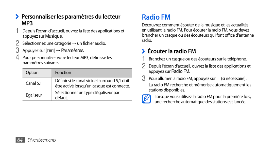 Samsung GT-I5510XKAFTM manual Radio FM, ››Personnaliser les paramètres du lecteur, ››Écouter la radio FM, → Paramètres 