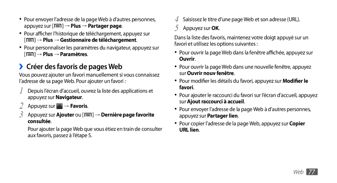 Samsung GT-I5510EWABOG manual ››Créer des favoris de pages Web, Appuyez sur Ajouter ou → Dernière page favorite consultée 