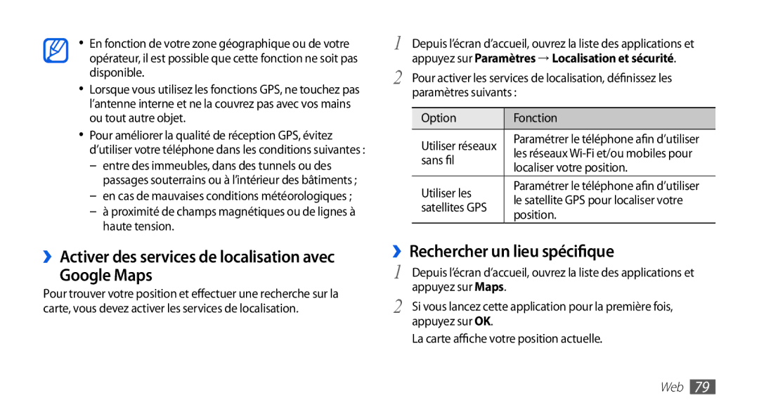 Samsung GT-I5510DWABOG manual ››Activer des services de localisation avec Google Maps, ››Rechercher un lieu spécifique 