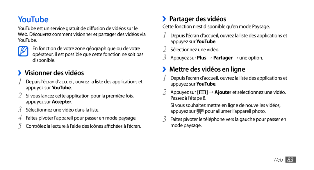 Samsung GT-I5510DWAXEF manual YouTube, ››Visionner des vidéos, ››Partager des vidéos, ››Mettre des vidéos en ligne 