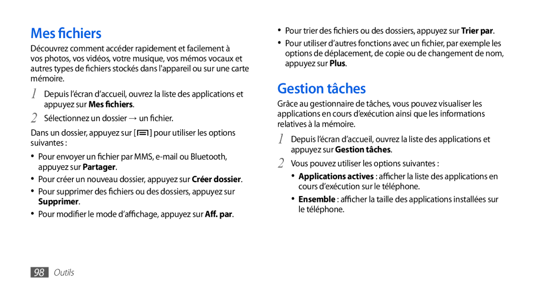 Samsung GT-I5510EWAFTM, GT-I5510XKAFTM, GT-I5510CWAXEF, GT-I5510DWAXEF, GT-I5510XKAVGF manual Mes fichiers, Gestion tâches 