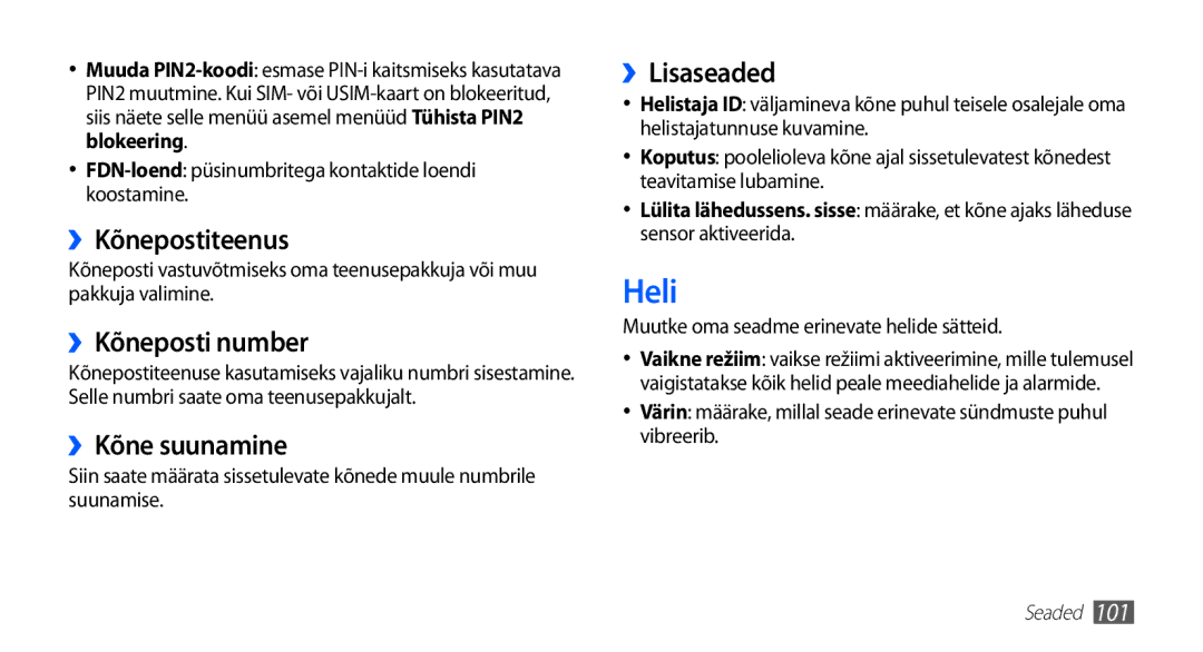 Samsung GT-I5510XKASEB manual Heli, ››Kõnepostiteenus, ››Kõneposti number, ››Kõne suunamine, ››Lisaseaded 