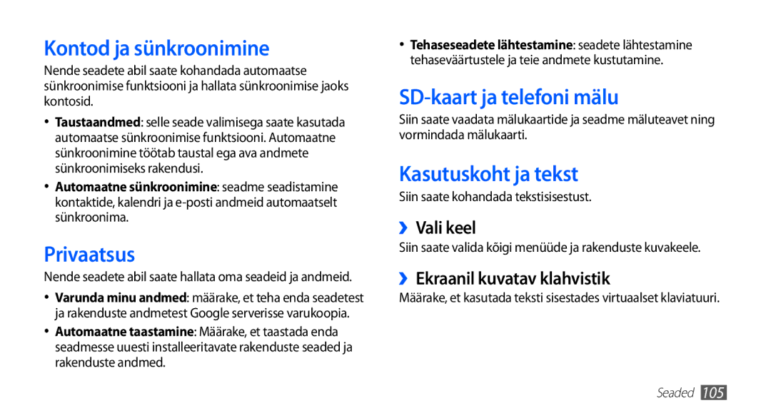 Samsung GT-I5510XKASEB manual Kontod ja sünkroonimine, Privaatsus, SD-kaart ja telefoni mälu, Kasutuskoht ja tekst 