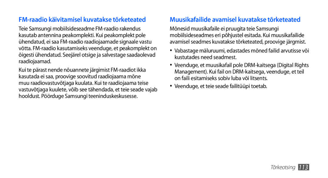 Samsung GT-I5510XKASEB manual FM-raadio käivitamisel kuvatakse tõrketeated, Veenduge, et teie seade failitüüpi toetab 