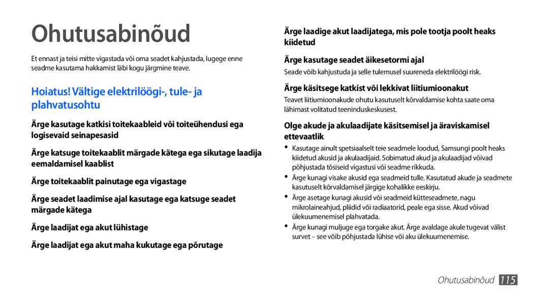 Samsung GT-I5510XKASEB manual Ohutusabinõud, Hoiatus! Vältige elektrilöögi-, tule- ja plahvatusohtu 