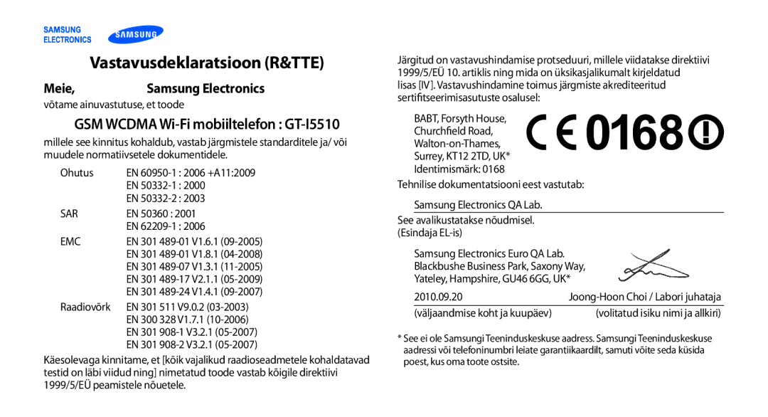 Samsung GT-I5510XKASEB manual Vastavusdeklaratsioon R&TTE, Meie, GSM Wcdma Wi-Fi mobiiltelefon GT-I5510 