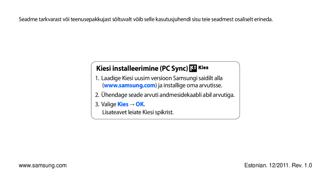 Samsung GT-I5510XKASEB manual Kiesi installeerimine PC Sync 