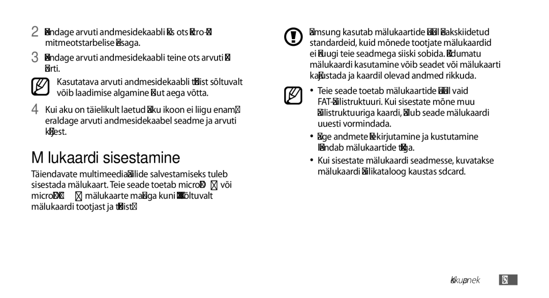 Samsung GT-I5510XKASEB manual Mälukaardi sisestamine 