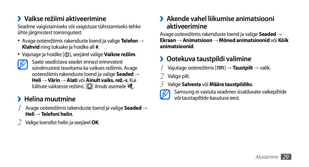 Samsung GT-I5510XKASEB manual ››Vaikse režiimi aktiveerimine, ››Helina muutmine, ››Ootekuva taustpildi valimine 