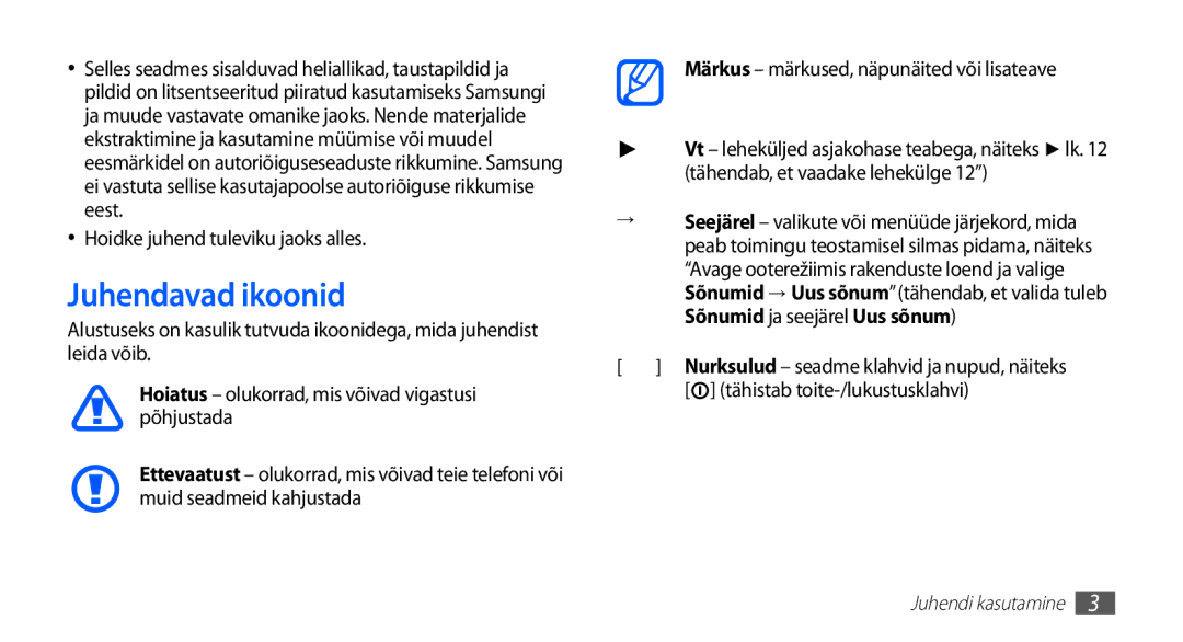 Samsung GT-I5510XKASEB manual Juhendavad ikoonid, Hoidke juhend tuleviku jaoks alles, Tähistab toite-/lukustusklahvi 