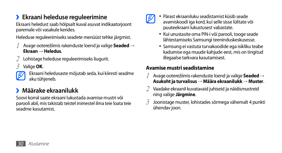 Samsung GT-I5510XKASEB manual ››Ekraani heleduse reguleerimine, ››Määrake ekraanilukk, Ekraan → Heledus 