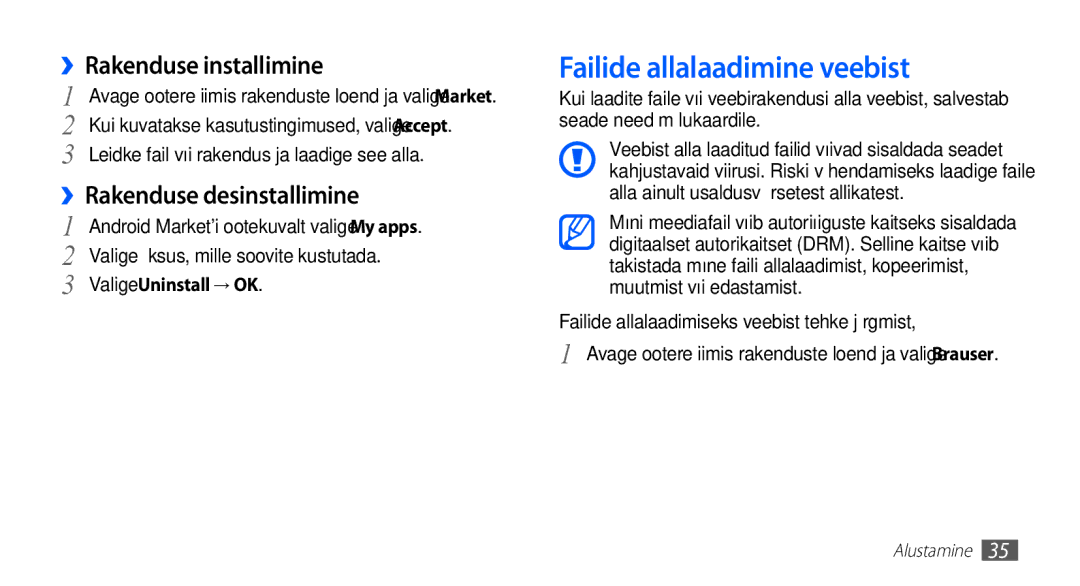 Samsung GT-I5510XKASEB manual Failide allalaadimine veebist, ››Rakenduse installimine 