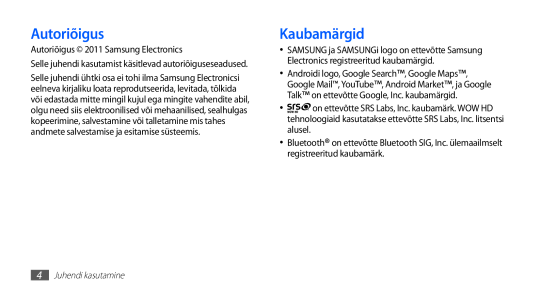 Samsung GT-I5510XKASEB manual Kaubamärgid, Autoriõigus 2011 Samsung Electronics 