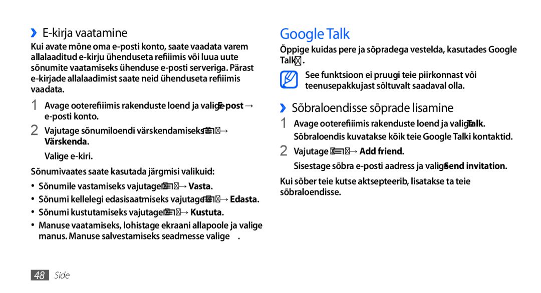 Samsung GT-I5510XKASEB manual Google Talk, ››E-kirja vaatamine, ››Sõbraloendisse sõprade lisamine, Värskenda 