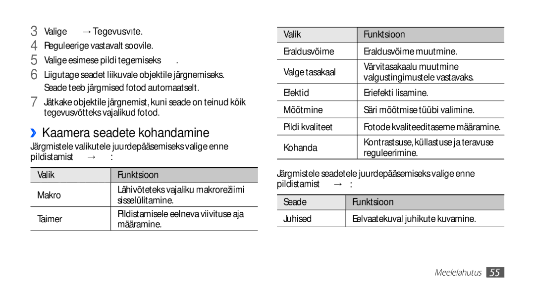 Samsung GT-I5510XKASEB manual ››Kaamera seadete kohandamine, Valige → Tegevusvõte 