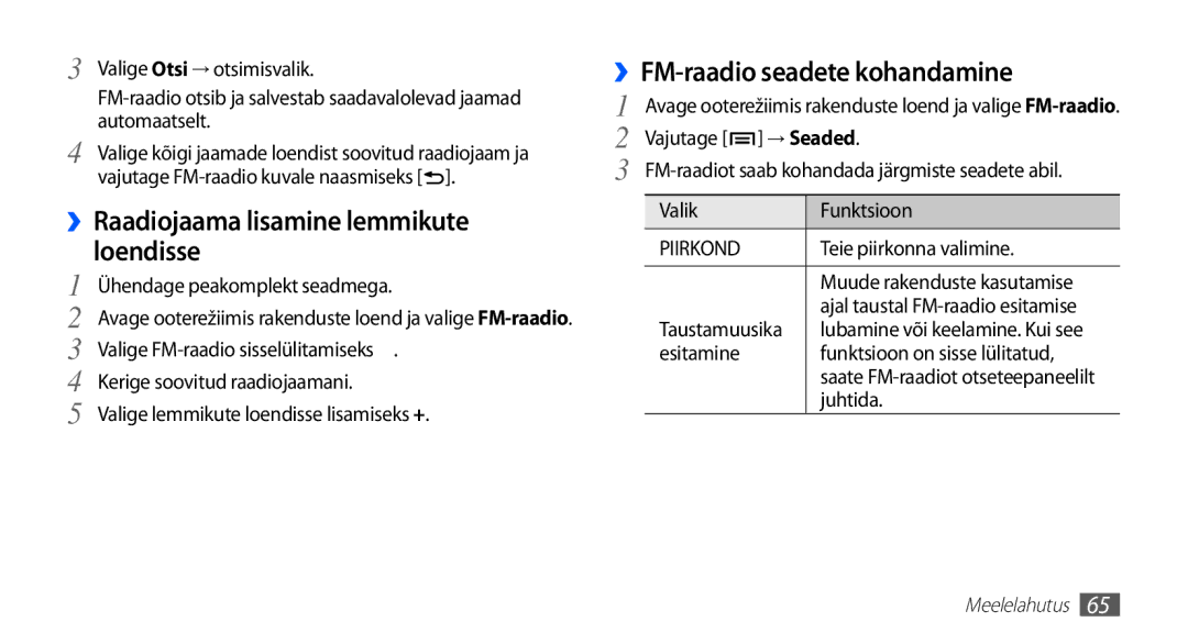 Samsung GT-I5510XKASEB manual Loendisse, ››FM-raadio seadete kohandamine, ››Raadiojaama lisamine lemmikute 