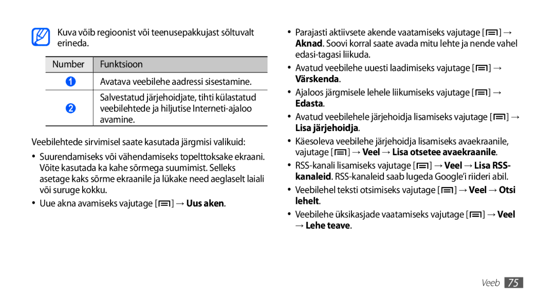 Samsung GT-I5510XKASEB manual Veebilehtede ja hiljutise Interneti-ajaloo avamine, Uue akna avamiseks vajutage → Uus aken 