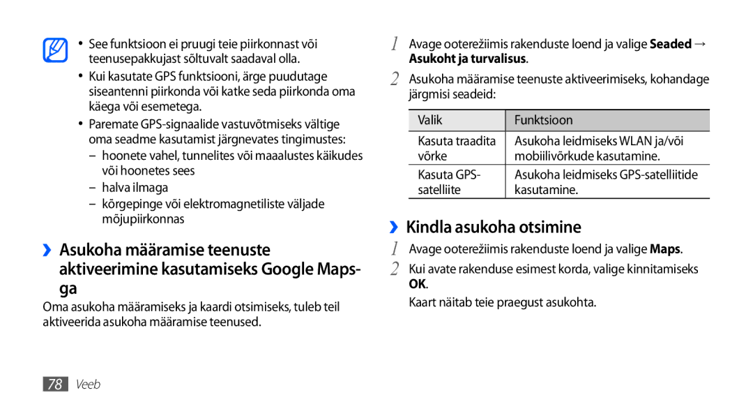 Samsung GT-I5510XKASEB manual ››Kindla asukoha otsimine, Asukoht ja turvalisus, Võrke Mobiilivõrkude kasutamine Kasuta GPS 