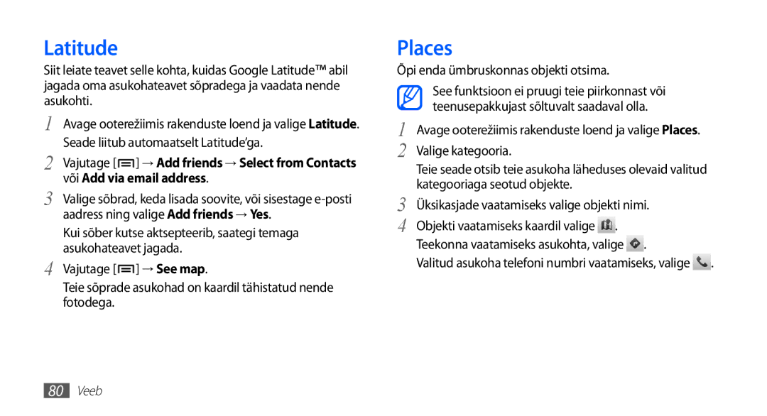 Samsung GT-I5510XKASEB manual Latitude, Places, Või Add via email address, → See map 