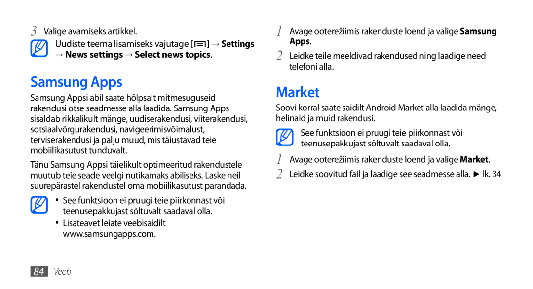 Samsung GT-I5510XKASEB manual Samsung Apps, Market, → News settings → Select news topics 