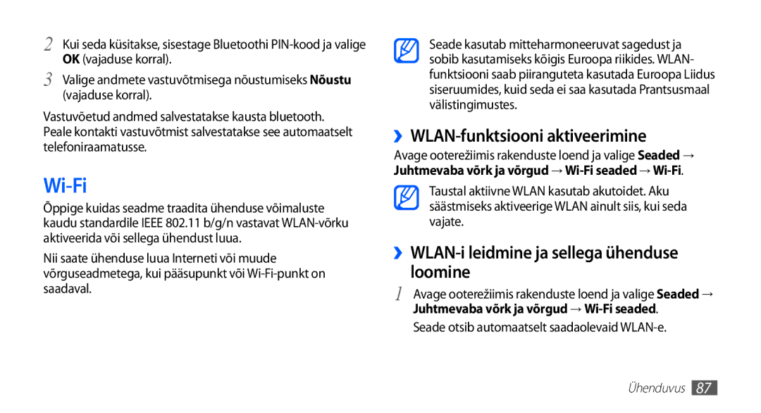 Samsung GT-I5510XKASEB manual Wi-Fi, ››WLAN-funktsiooni aktiveerimine, ››WLAN-i leidmine ja sellega ühenduse loomine 